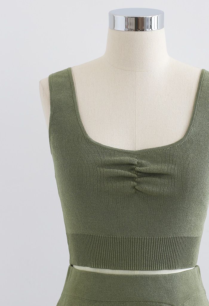 Ruched Front Knit Crop Tank Top in Army Green