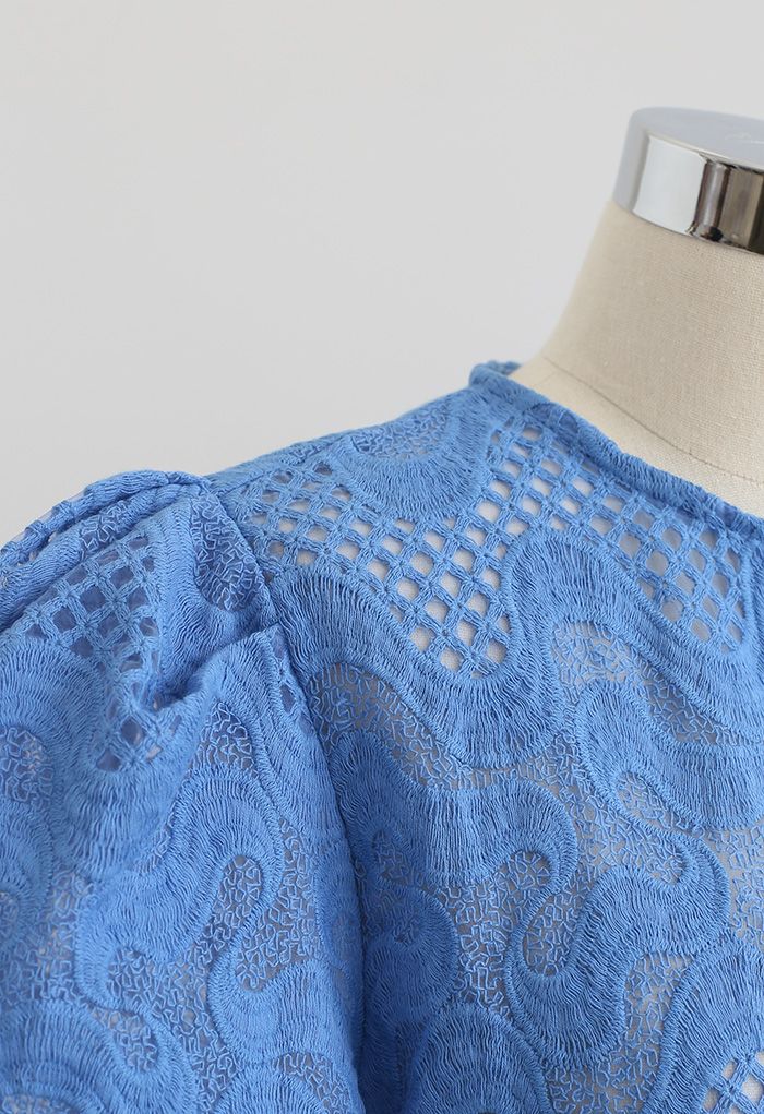 Scrolled Embroidery Zigzag Organza Top in Blue