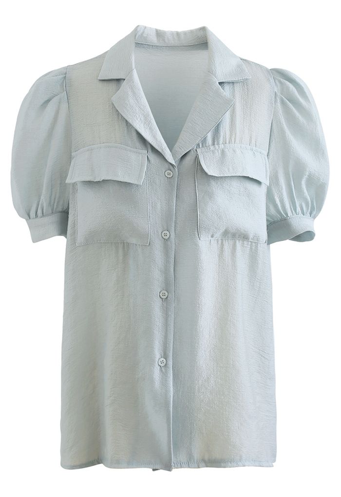 Notch Collar Flap Pocket Buttoned Shirt in Dusty Blue