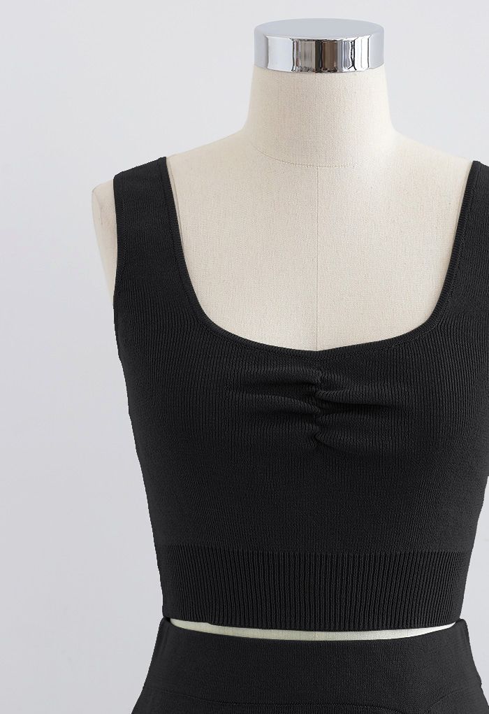 Ruched Front Knit Crop Tank Top in Black