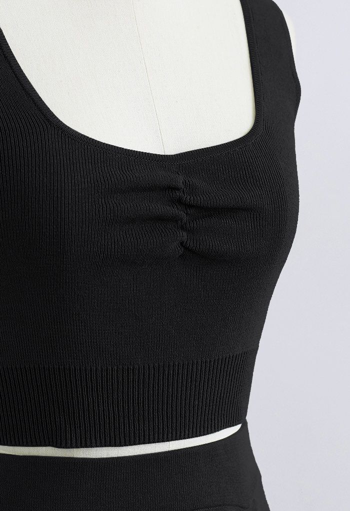 Ruched Front Knit Crop Tank Top in Black