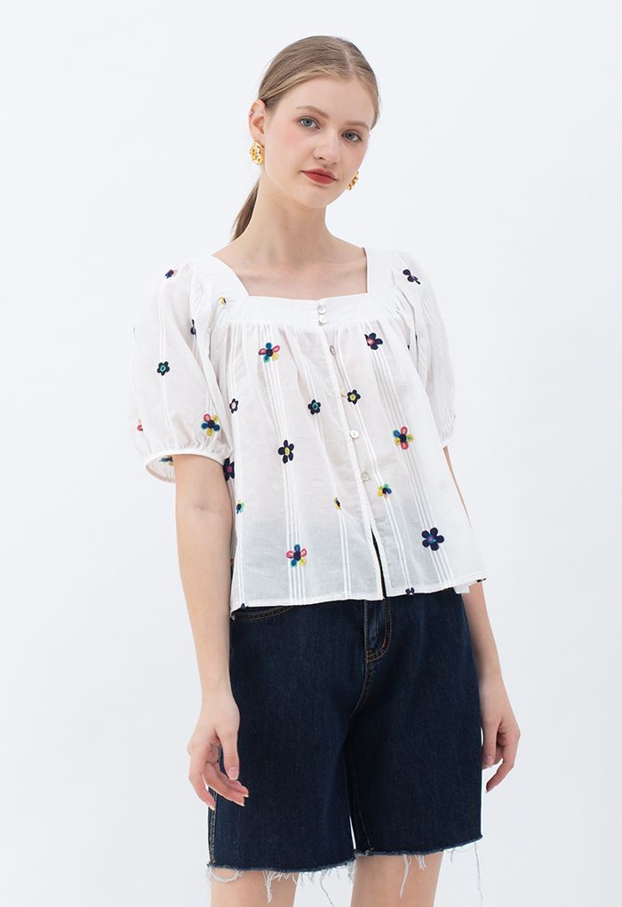 Flower Stitch Square Neck Buttoned Top
