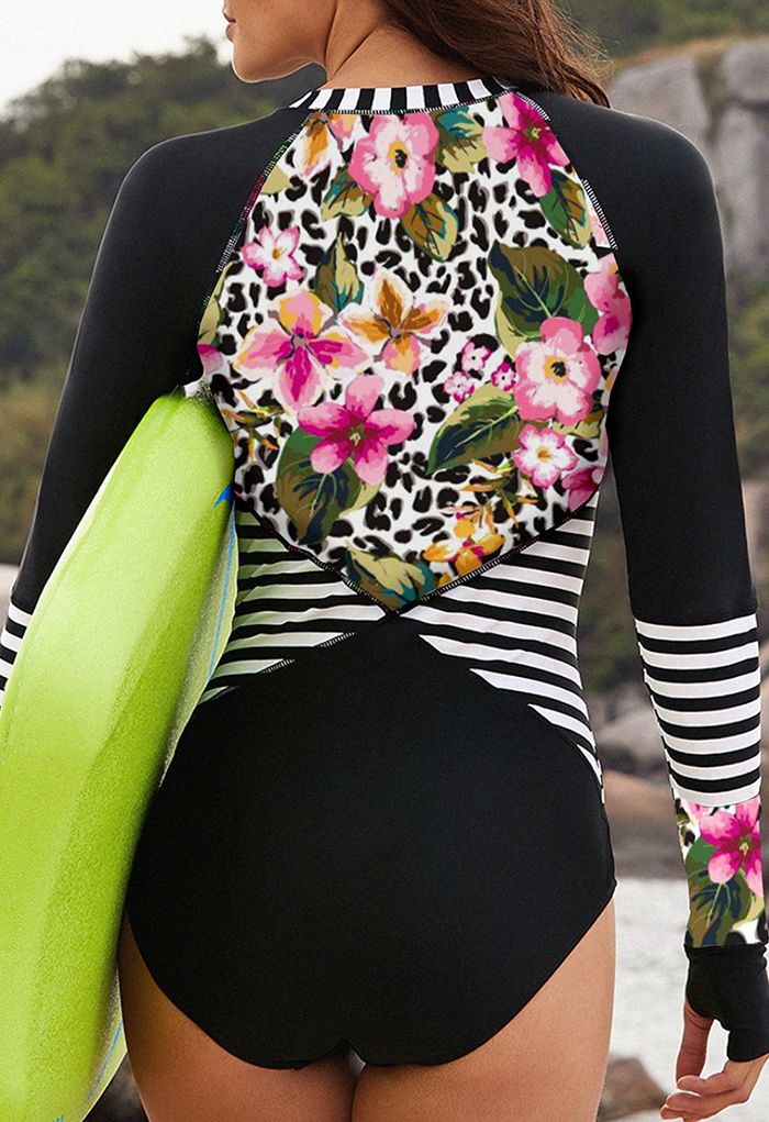 Floral Printed Zip Front Long Sleeve Surf Suit
