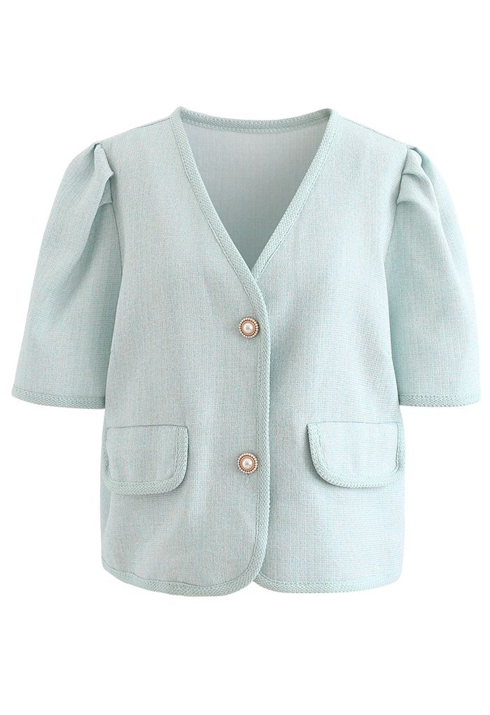 Pearly Button Short Sleeve Tweed Blazer in Mint
