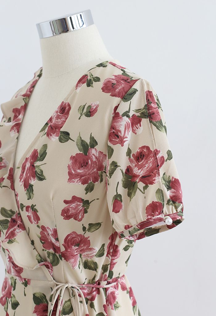 Retro Rose Printed Self-Tie Wrap Asymmetric Dress
