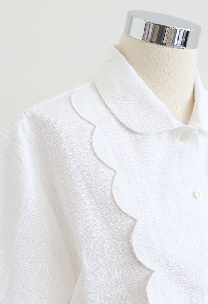 Scallop Embroidered Trimming Linen-Blend Shirt