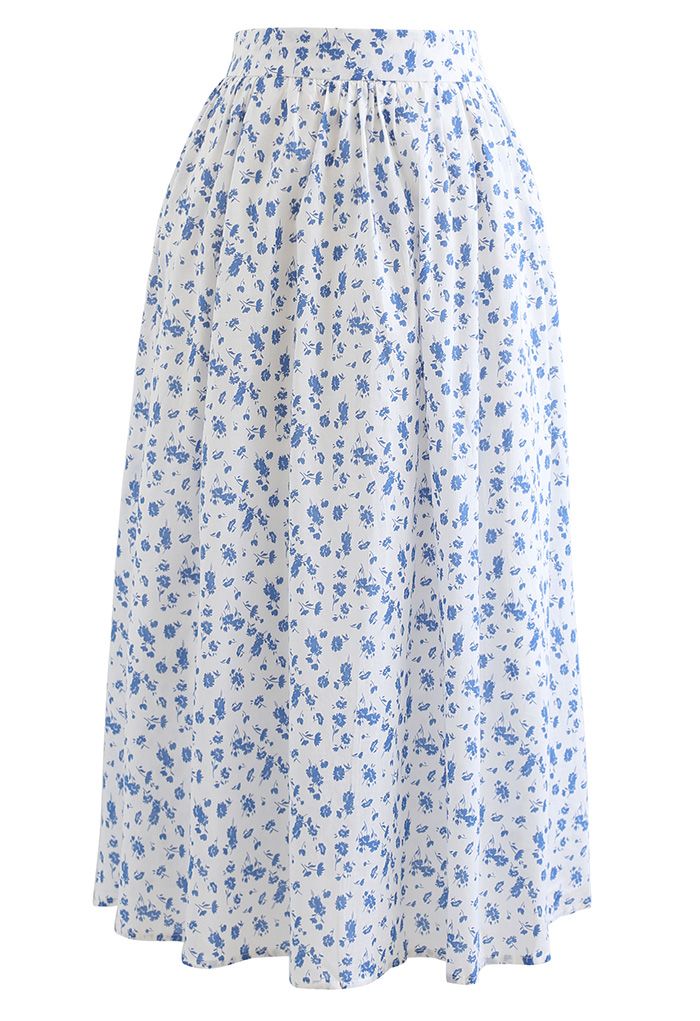 Flowery Land Ruched Crop Top and Midi Skirt Set in White