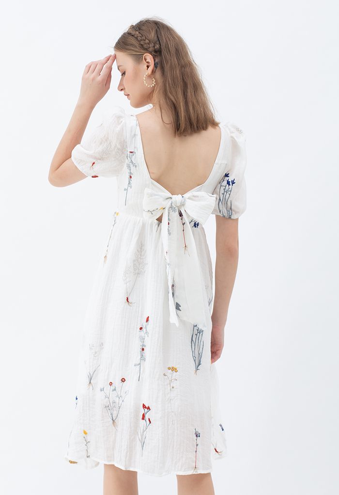 Bouquet Embroidered Tie Back Square Neck Dress