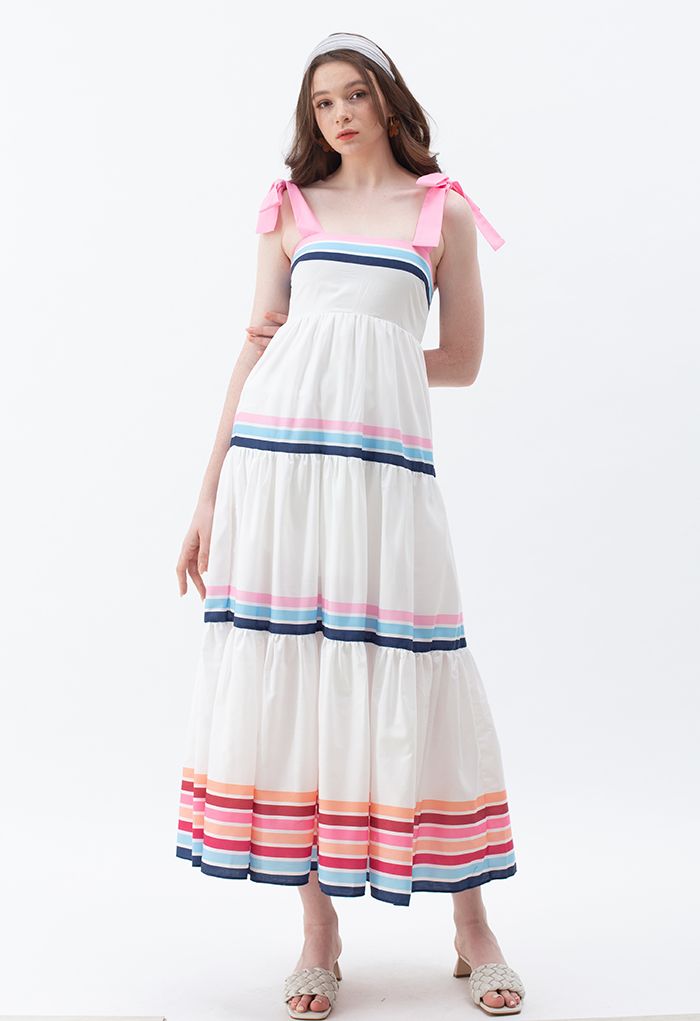 Multi Color Stripe Printed Tie-Strap Maxi Dress
