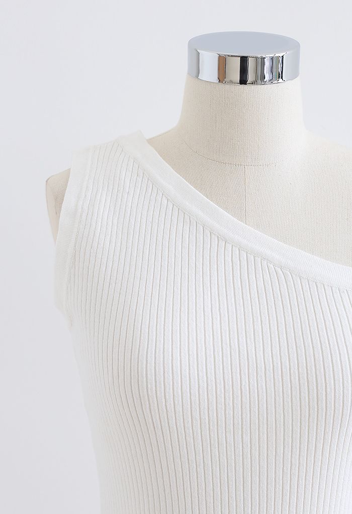 One-Shoulder Strappy Fitted Knit Top in White