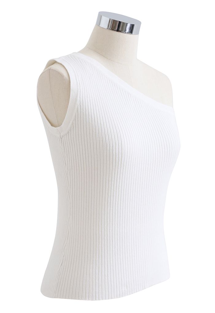 One-Shoulder Strappy Fitted Knit Top in White