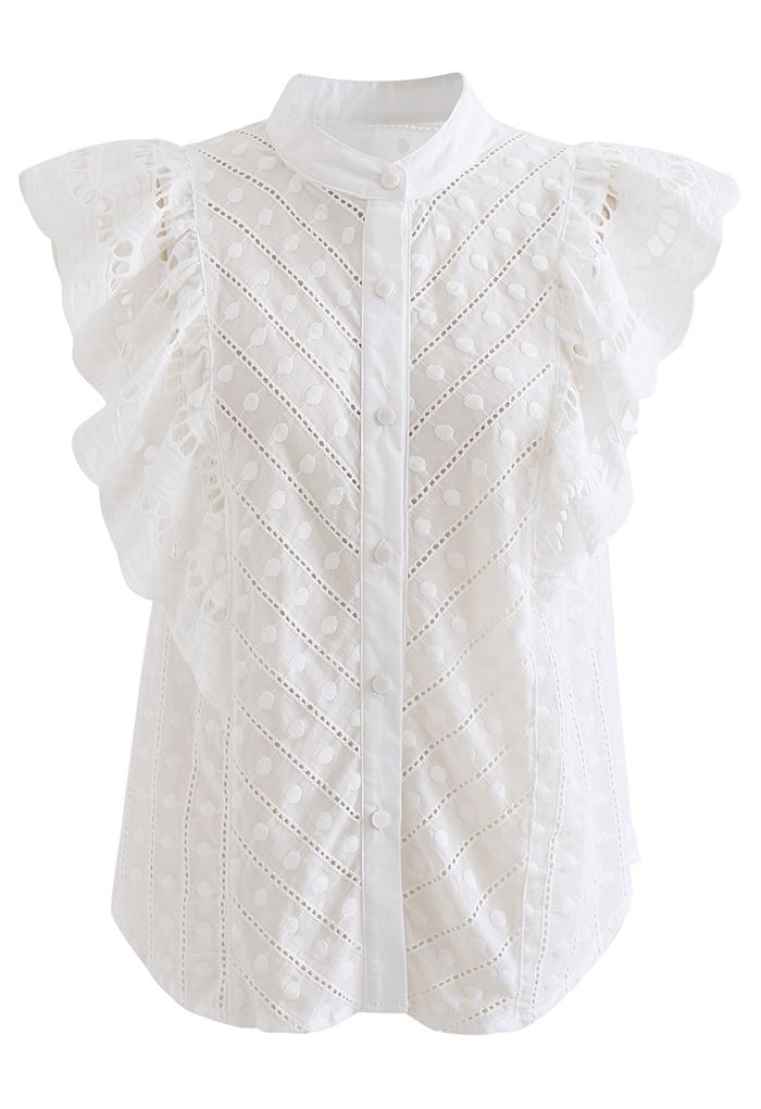 Dots Embroidered Flutter-Sleeve Buttoned Top in White