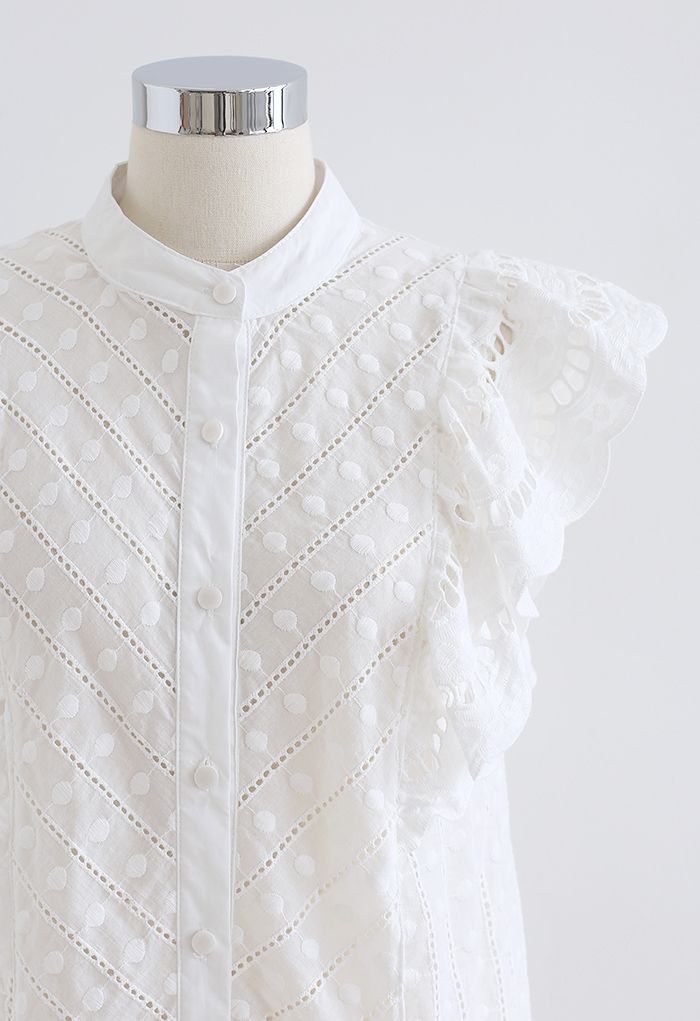 Dots Embroidered Flutter-Sleeve Buttoned Top in White