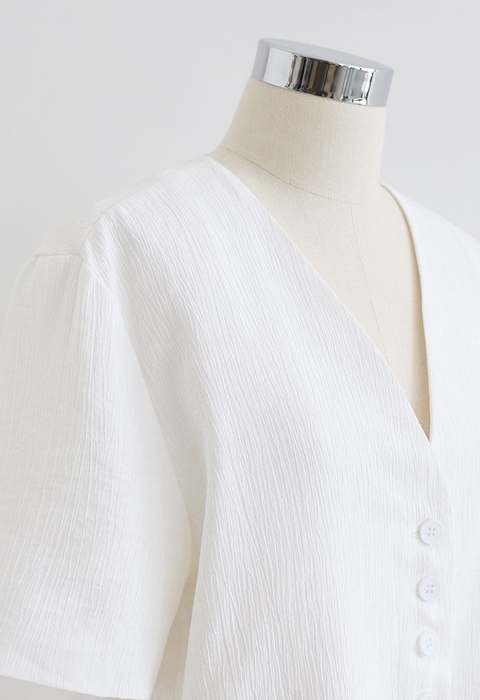 Buttoned Front Short Sleeve Crop Blazer in White