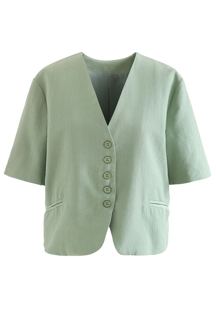 Buttoned Front Short Sleeve Crop Blazer in Green