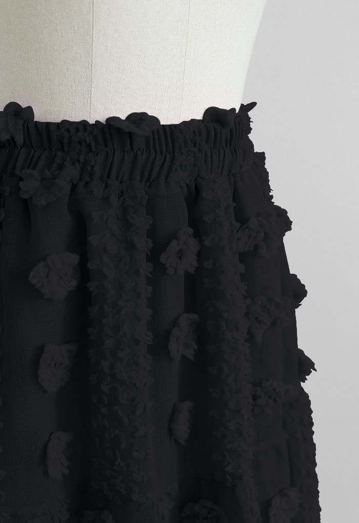Cotton Flower Frill Hem Mesh Skirt in Black