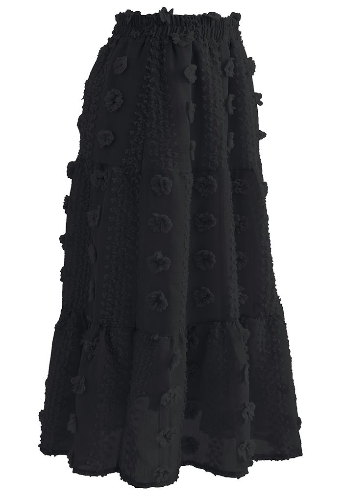 Cotton Flower Frill Hem Mesh Skirt in Black