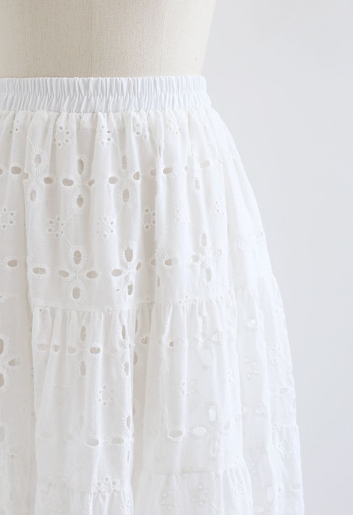 Pom-Pom Hem Embroidered Cotton Midi Skirt in White