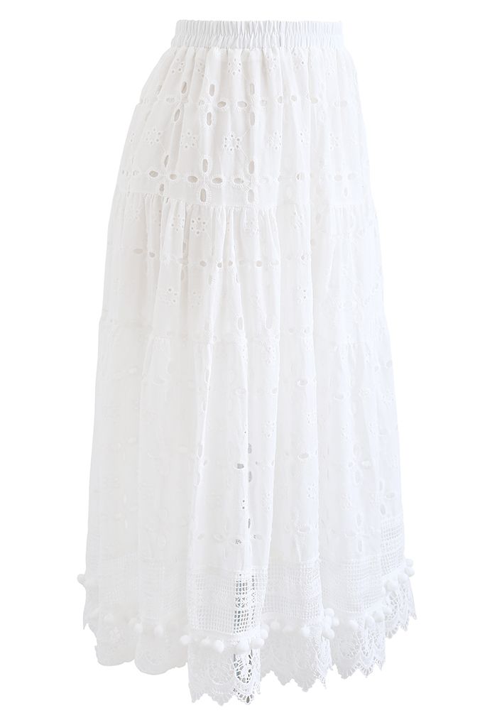 Pom-Pom Hem Embroidered Cotton Midi Skirt in White
