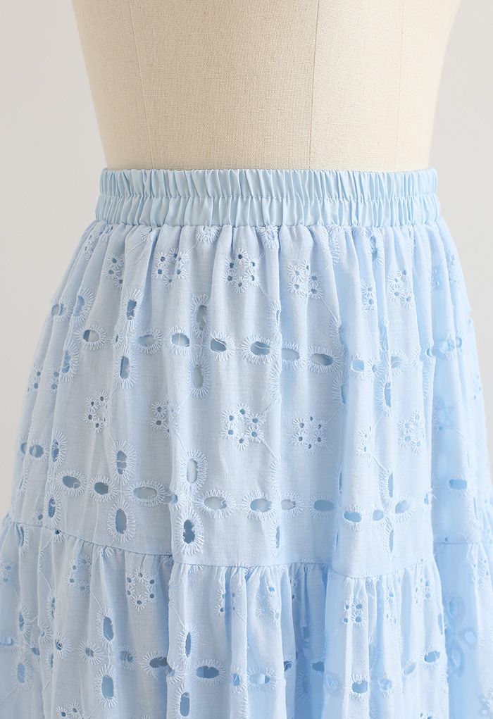 Pom-Pom Hem Embroidered Cotton Midi Skirt in Sky Blue