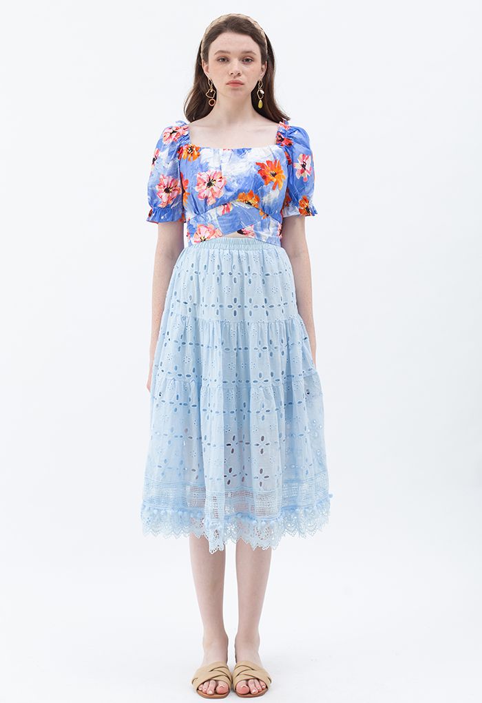 Pom-Pom Hem Embroidered Cotton Midi Skirt in Sky Blue