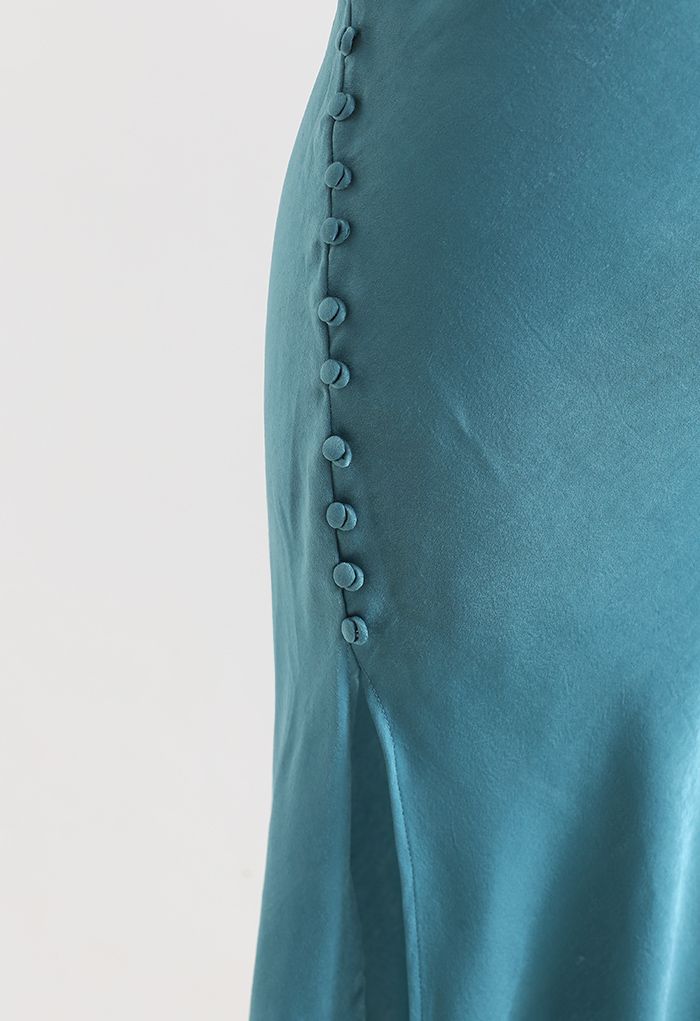 Buttoned Side Split Hem Satin Cami Dress in Emerald