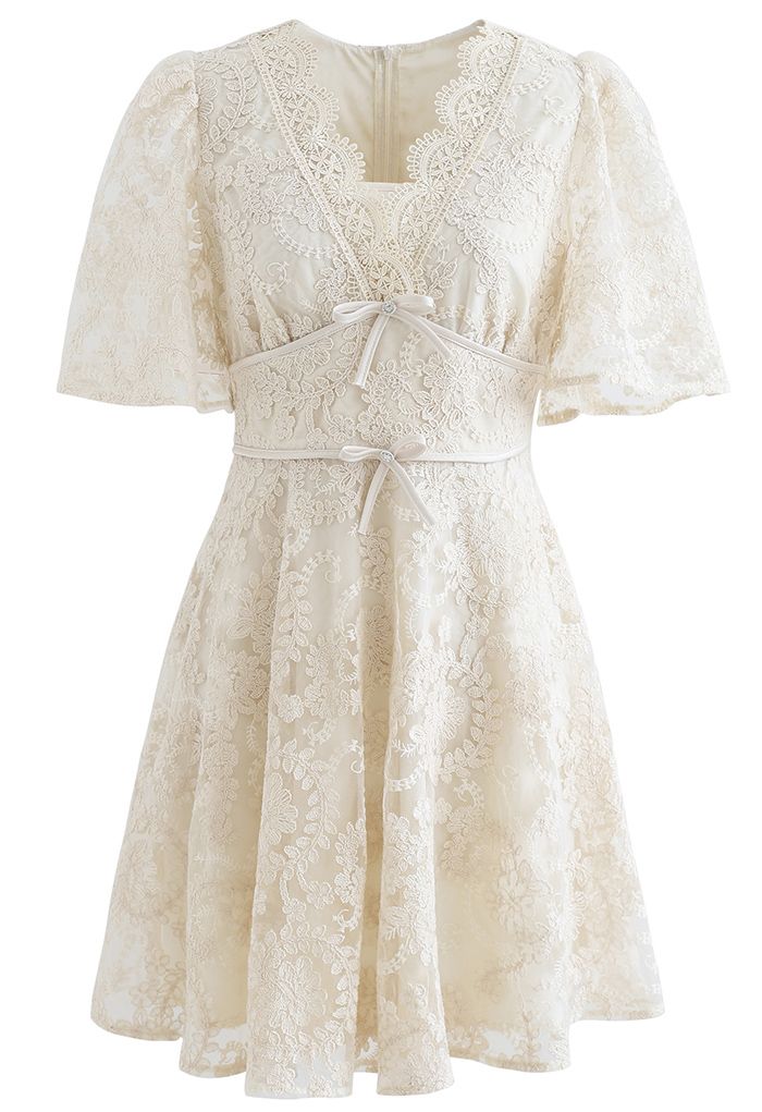 Delicate Floral Embroidered Flare Sleeve Mesh Dress