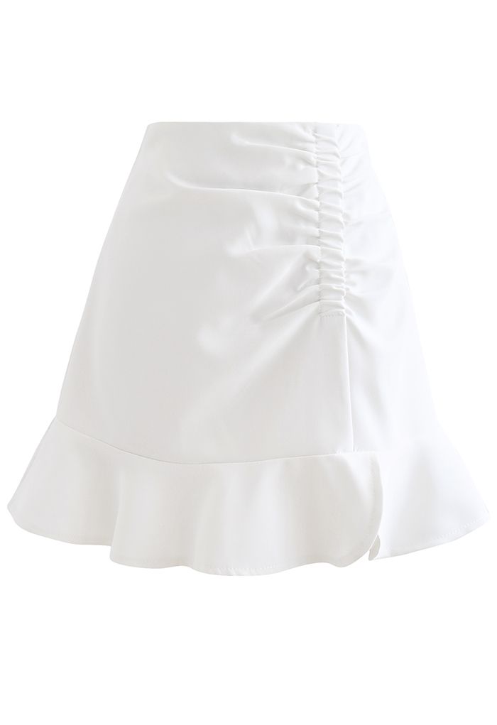 Frill Hem Ruched Front Mini Skirt in White