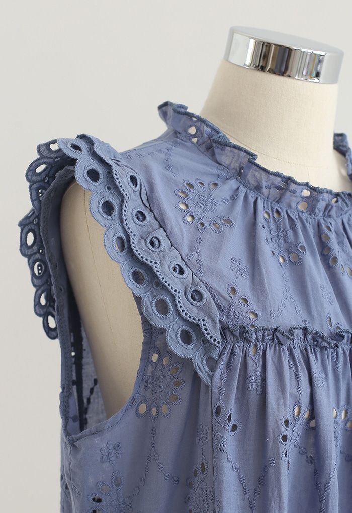Eyelet Embroidered Flared Sleeveless Top in Blue