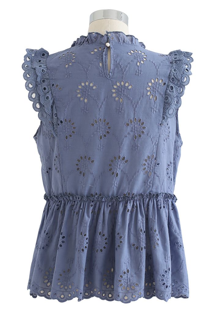 Eyelet Embroidered Flared Sleeveless Top in Blue