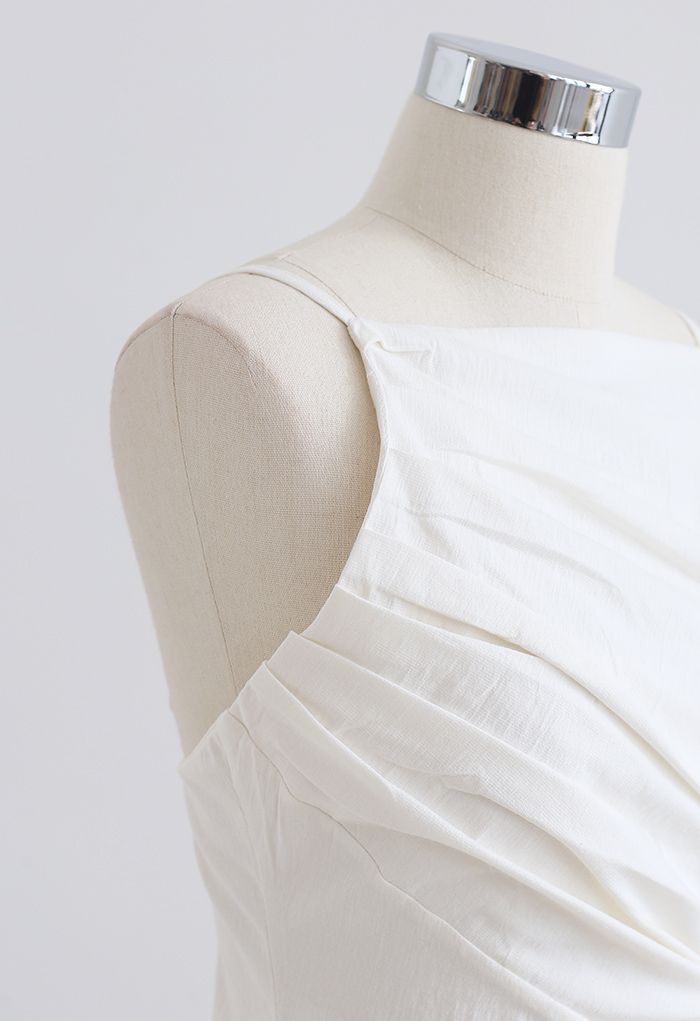 Slant Pleated Fitted Cami Top in White