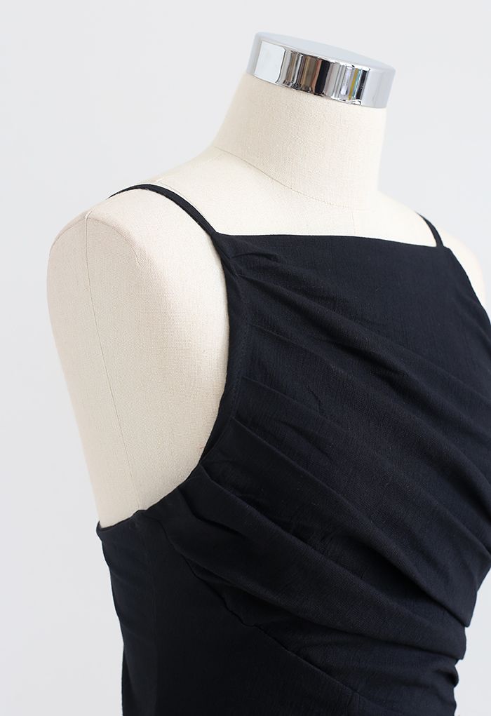 Slant Pleated Fitted Cami Top in Black