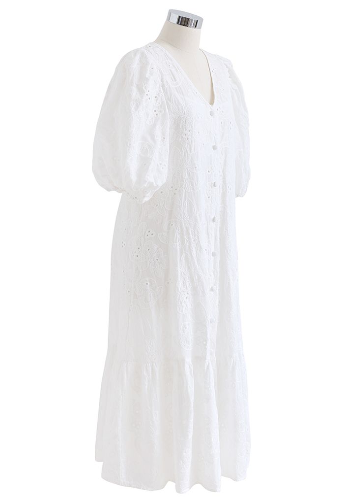 Button Down Bubble Sleeve Embroidered Dolly Dress in White