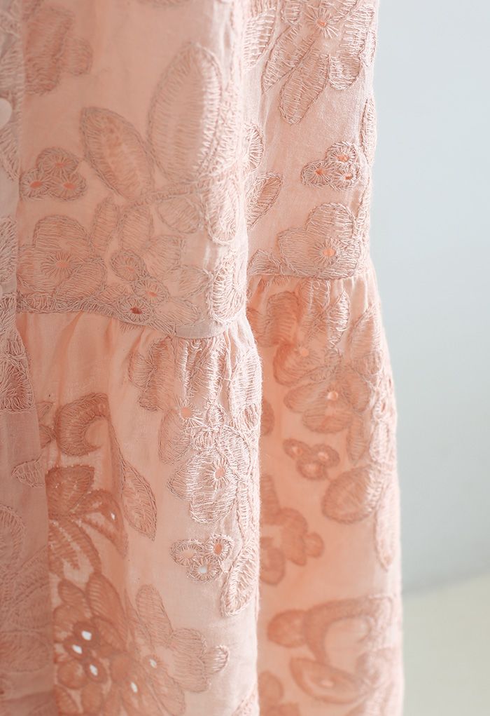 Button Down Bubble Sleeve Embroidered Dolly Dress in Coral