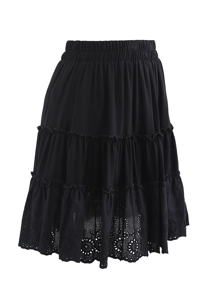 Broderie Anglaise Frill Hem Mini Skirt in Black