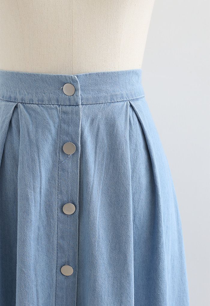 Button Front Cotton A-Line Midi Skirt in Denim