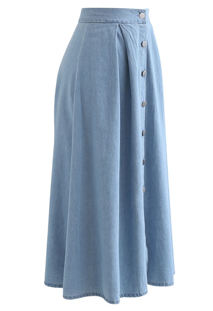 Button Front Cotton A-Line Midi Skirt in Denim