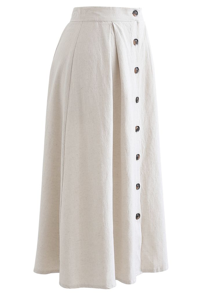 Button Front Cotton A-Line Midi Skirt in Linen