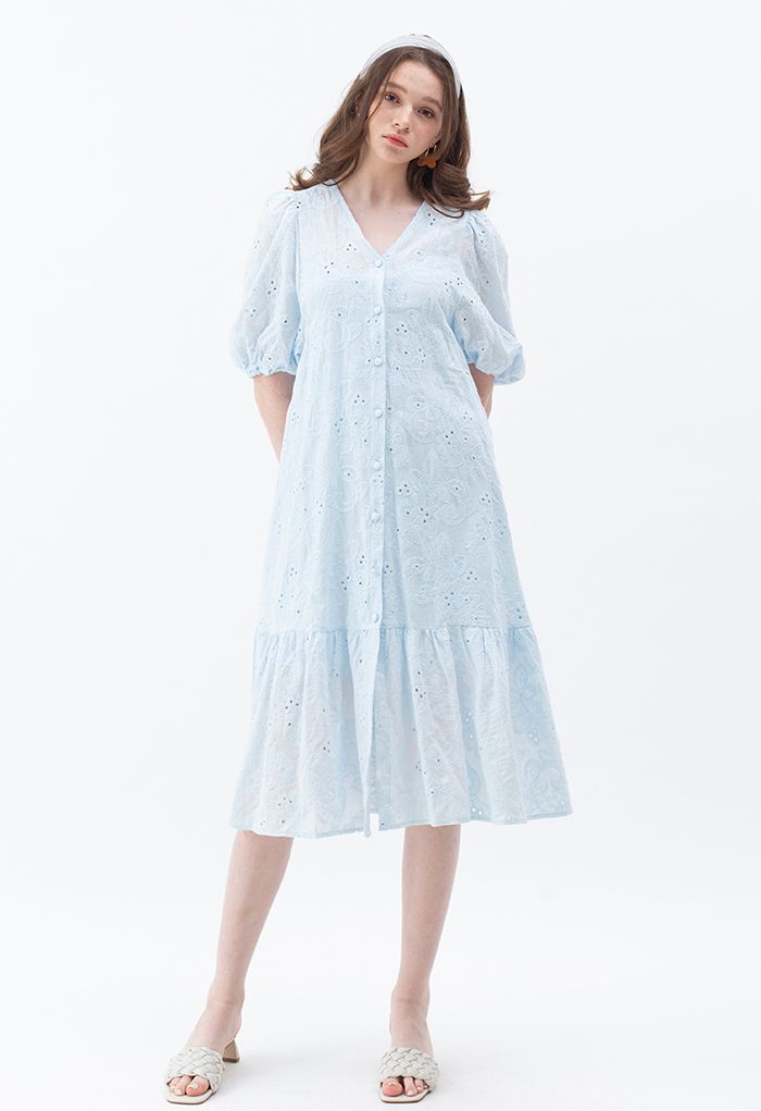 Button Down Bubble Sleeve Embroidered Dolly Dress in Blue