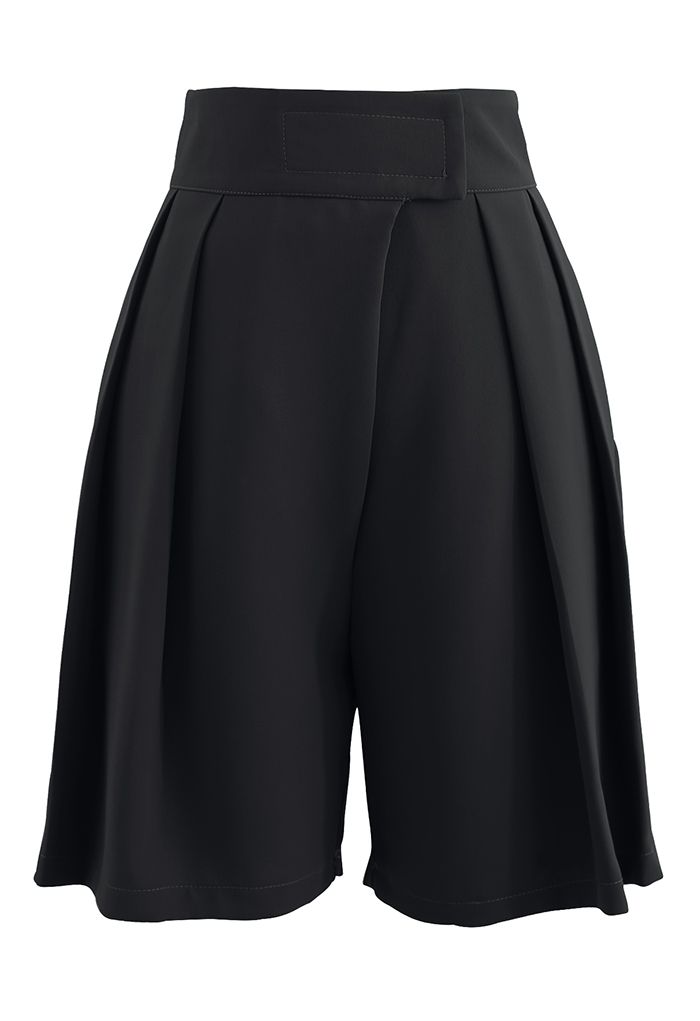 High-Rise Tab Waist Tailored Shorts in Black