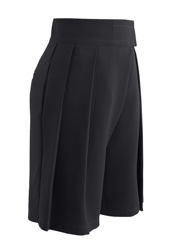 High-Rise Tab Waist Tailored Shorts in Black