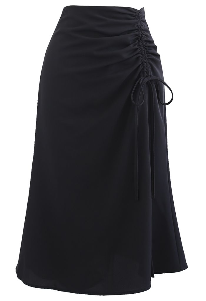 Ruched Drawstring Front Slit Midi Skirt in Black