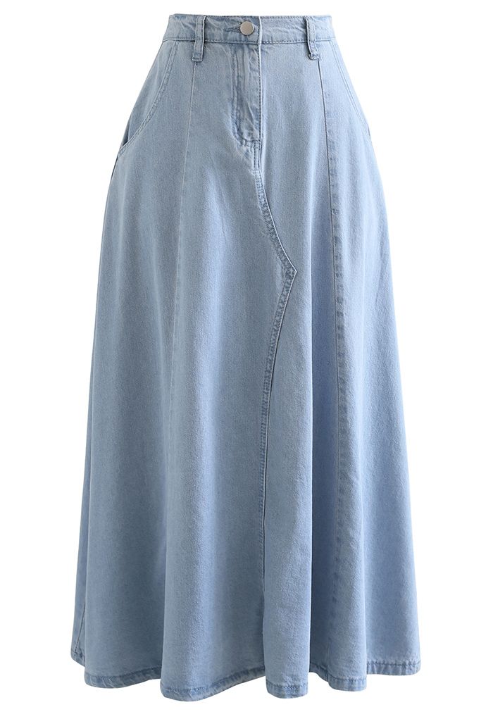 Side Pocket A-Line Denim Midi Skirt in Light Blue