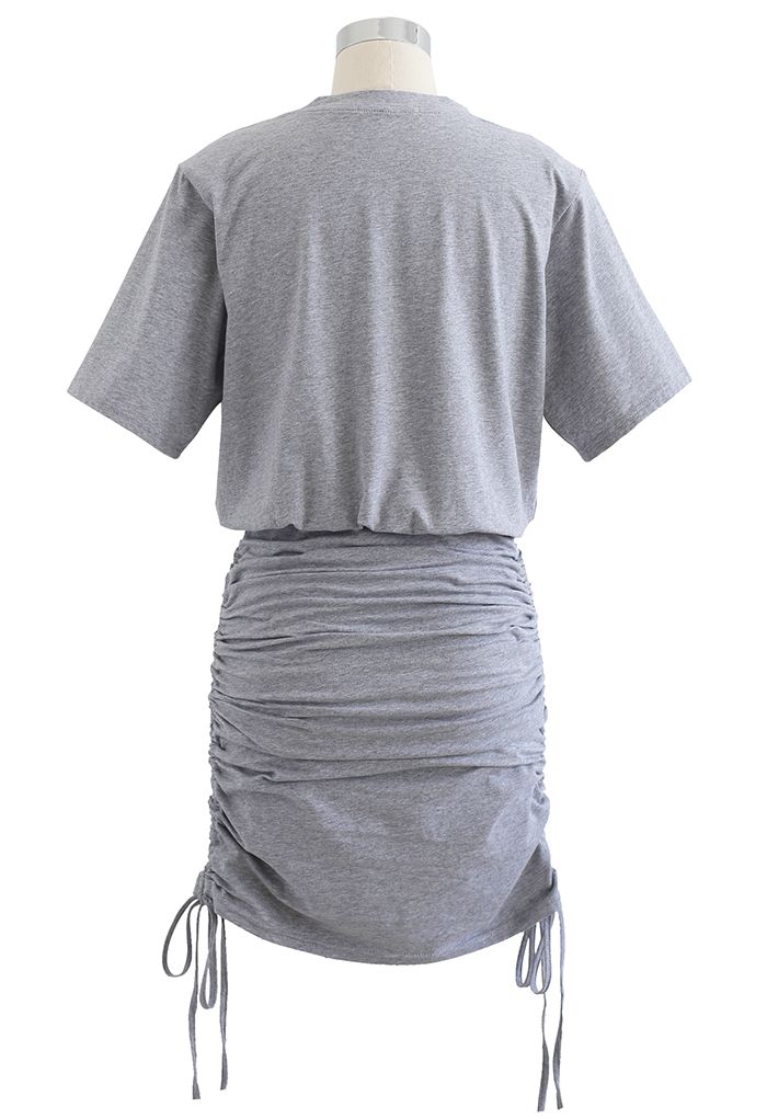 Pad Shoulder Crop Top and Drawstring Skirt Set in Grey