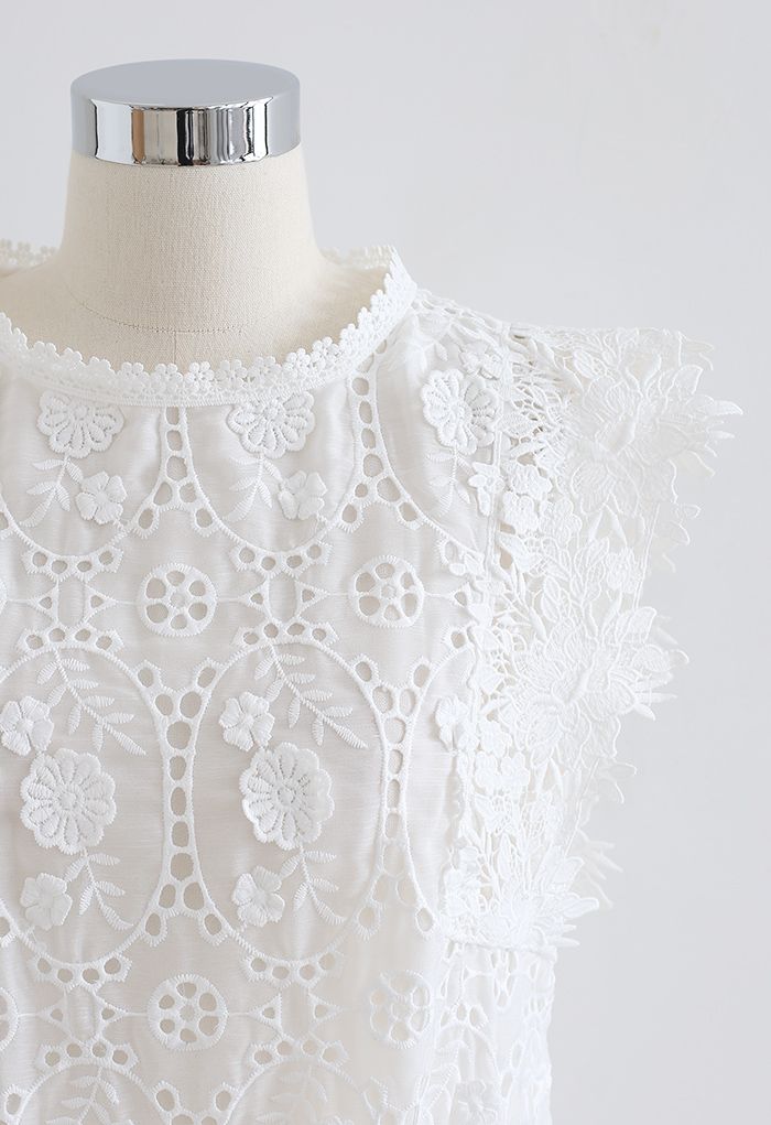 Full Embroidered Cochet Sheer Sleeveless Top in White