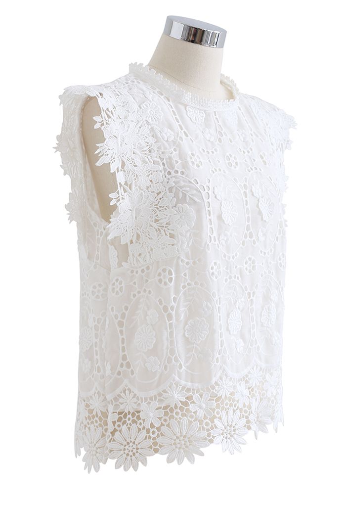 Full Embroidered Cochet Sheer Sleeveless Top in White