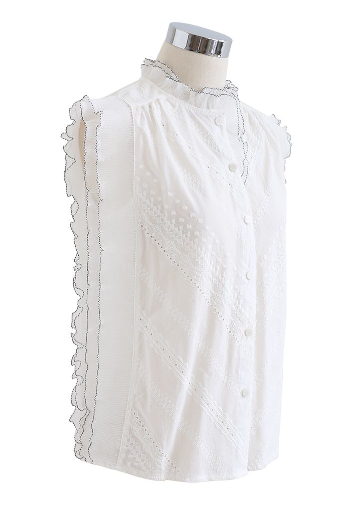 Contrast Edge Button Down Sleeveless Top in White