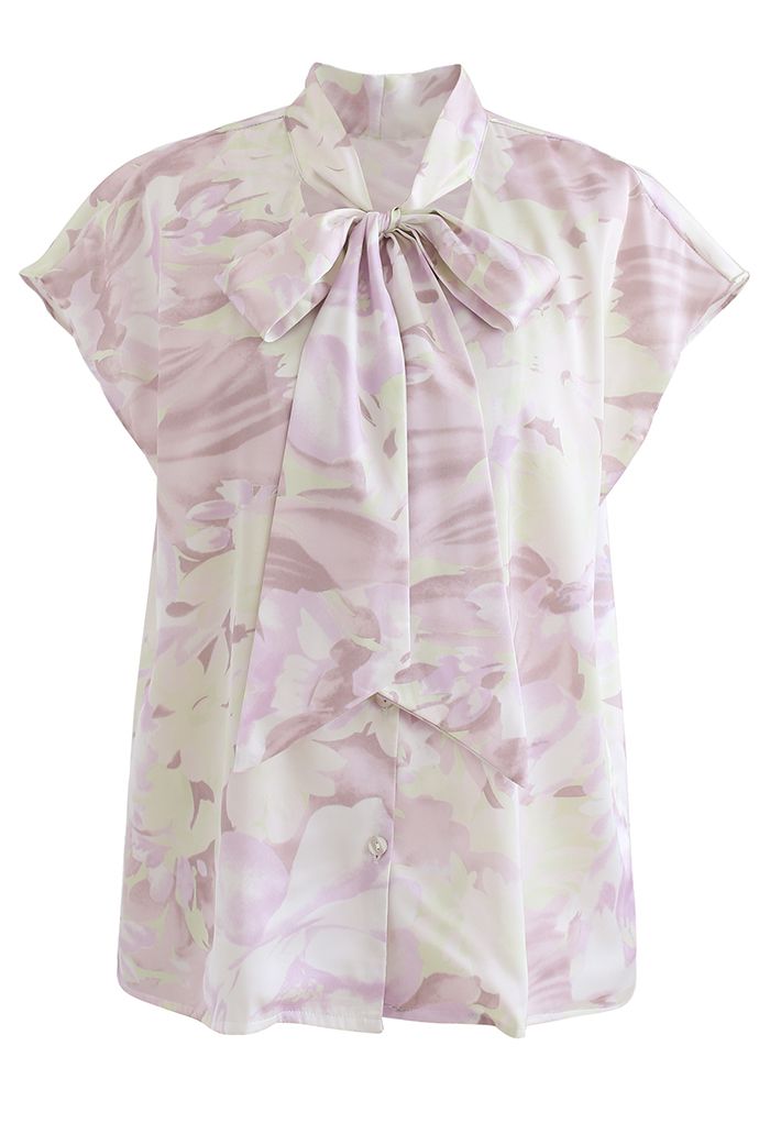 Watercolor Floral Tie Neck Buttoned Top in Lilac