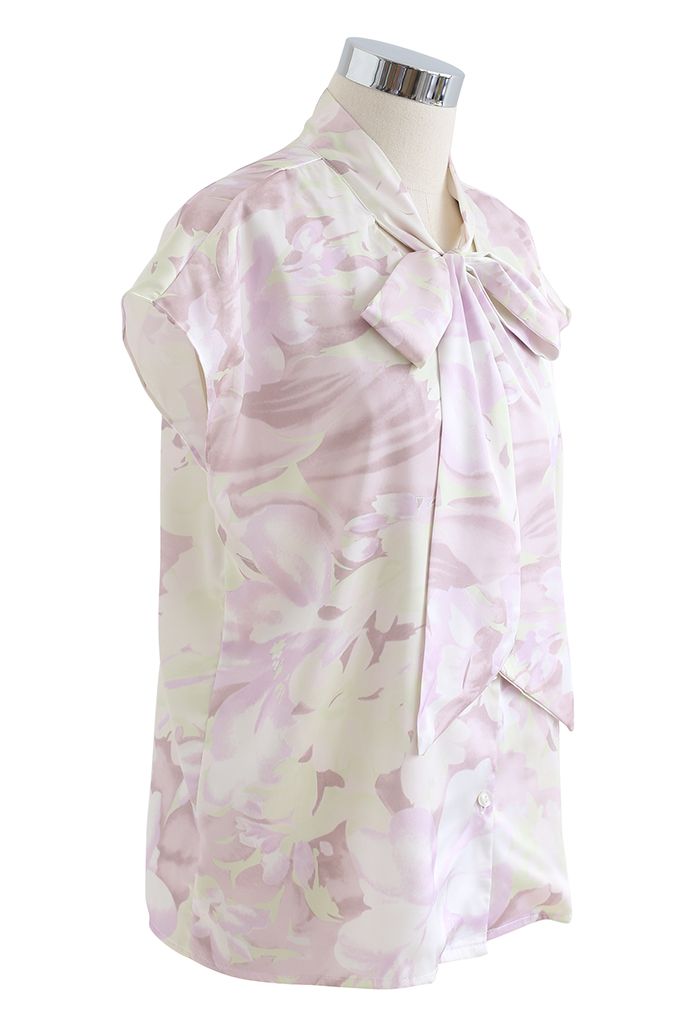 Watercolor Floral Tie Neck Buttoned Top in Lilac