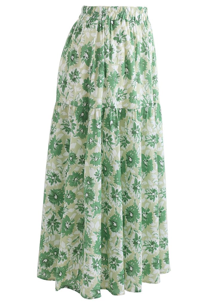 Floral Print Cotton Midi Skirt in Green